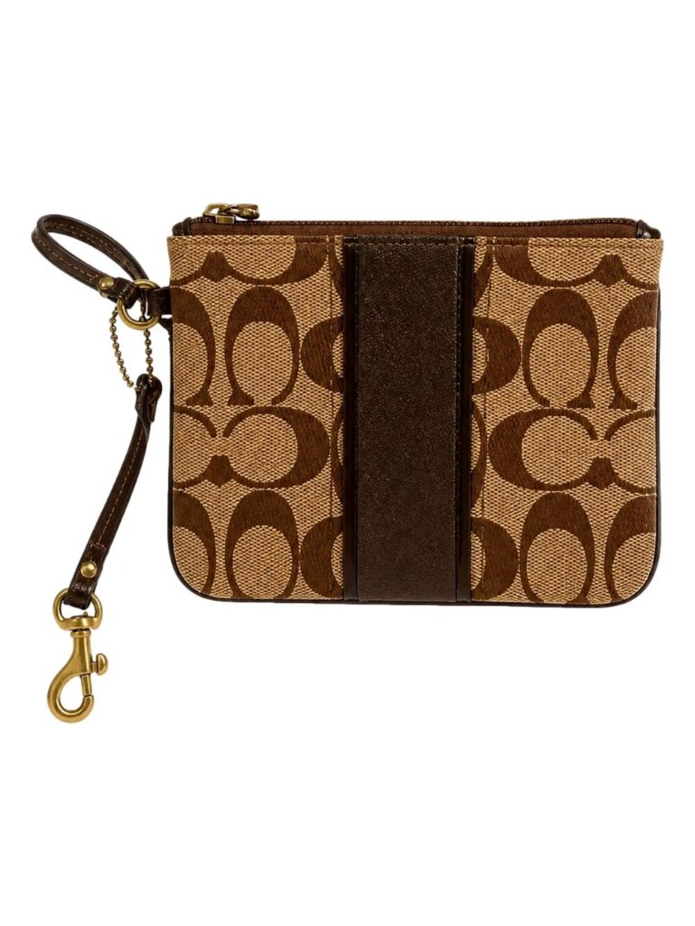 Coach Signature Stripe LogoWristlet Khaki Mahogany Brown Canvas Leather